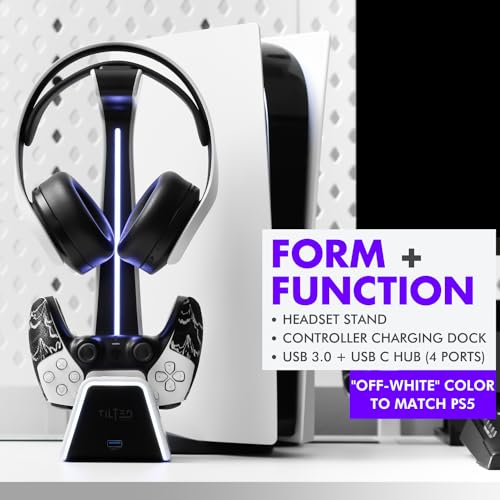 Gaming Headset and Controller Stand | Premium PS5 Accessories (Clean Space with Charging Station) Headphone and Controller Holder for Desk, PlayStation 5, Xbox Game, - color: White