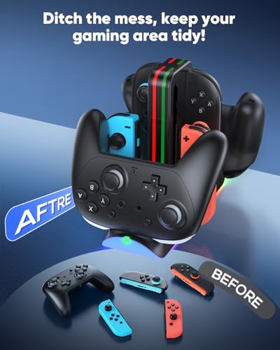 Switch 2/1/OLED Controller Charger, 6 in 1 Charging Dock Station for Joy Cons & for Pro Controller, Charging Stand USB Charging Indicator and USB Cable- Widely Compatibility