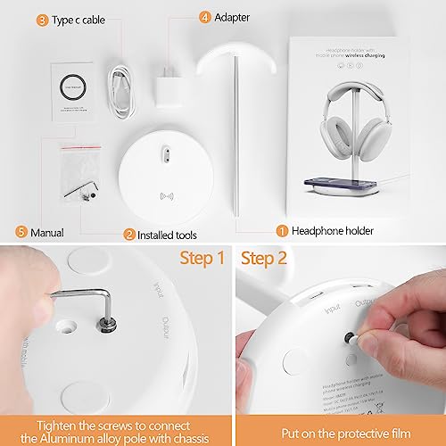 Headphone Stand with Wireless Charger, Gaming Headset Holder Hanger Rack 2 in 1 Wireless Charging Station Dock for iPhone 15/14/13/12/11 Series, AirPods Pro/3/2 and Desk All Headphones, White - color: White