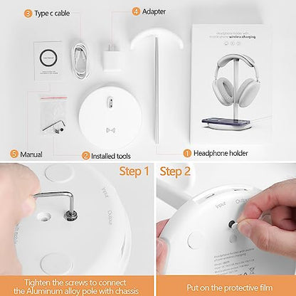Headphone Stand with Wireless Charger, Gaming Headset Holder Hanger Rack 2 in 1 Wireless Charging Station Dock for iPhone 15/14/13/12/11 Series, AirPods Pro/3/2 and Desk All Headphones, White - color: White