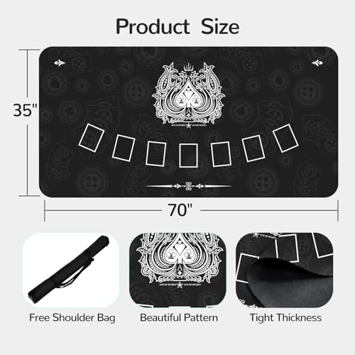 70 x 35 Inch Poker Mat for Table, Texas Hold'em Poker Table Top Mat with Carrying Bag, Waterproof Anti-Slip Rubber Blackjack Mat for Home Game Nights Up to 8 Players - color: Black-blackjack