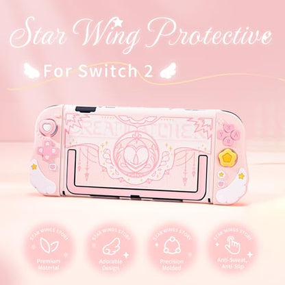 Geekshare Protective Case Set Compatible with switch 2, PC Back Plate with Silicone Joysticks Covers, Includes 2 Thumb Grips, Waterproof Protection - Star Wing Series (Pink) - color: Star Wing, size: For Switch 2