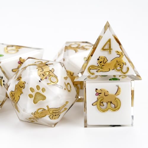 7Pcs DND Dice Set,Sharp Edge Resin Dice for D&D,French Bulldog | Polyhedral DND Dice,Smooth Polished Surface,Ideal Gift For Tabletop Role Playing Game Lovers Adults Women Men Teens - color: White, style: Golden Retriever
