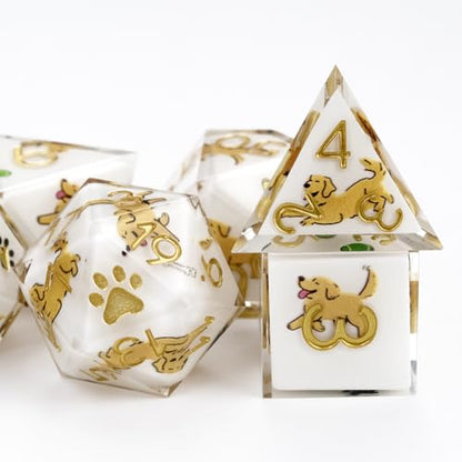 7Pcs DND Dice Set,Sharp Edge Resin Dice for D&D,French Bulldog | Polyhedral DND Dice,Smooth Polished Surface,Ideal Gift For Tabletop Role Playing Game Lovers Adults Women Men Teens - color: White, style: Golden Retriever