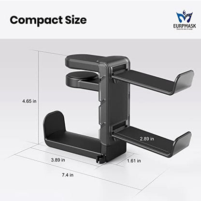 3-in-1 Headset&Controller Holder - EURPMASK Upgraded PC Gaming Headset Stand, Adjustable Clamp-on Headphone Holder,Headphone Controller Hook Under Desk w/ 360 Degree Swivel&Cable Clip Organizer-Black - color: Black Pro