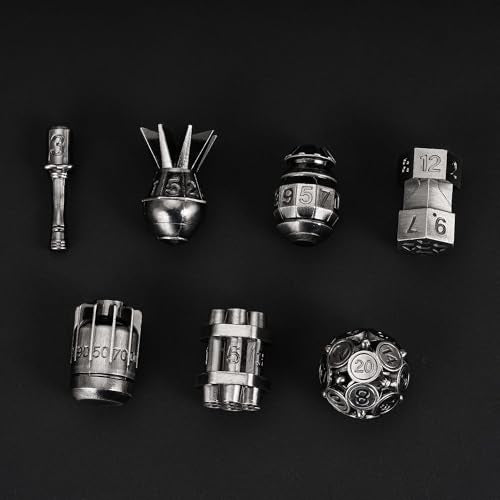 UDIXI Metal DND Dice Set 7PCS RPG Polyhedral Metal D&D Dice Set Nickel | Bomb Shape, Solid Metal, Cool Design, Leather Pouch Packaging, for Dungeons and Dragons Role Playing Games Tabletop Games - color: Ancient Silver