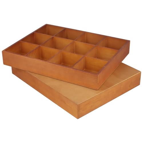 FUNSUEI 3 PCS Multi Compartment Wooden Tray, Grid Display Wood Serving Tray with 12 Sections, Wood Drawer Organizer Divided Snack Storage Box for Jewelry, Card Sorting, 13x10x2 Inch, Brown - size: 3 PCS 12 Sections