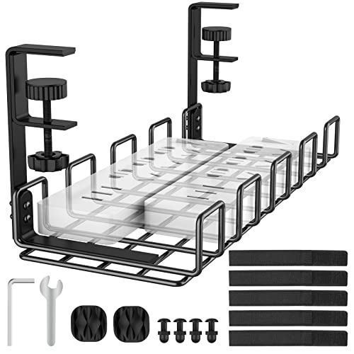 Under Desk Cable Management Tray No Drill Steel 15.7" | No drill steel desk cable tray, 15.7x6.3" wire organizer. Clamp mount under desk management rack for cords and wires - color: Black