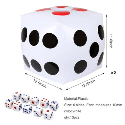 13" Jumbo Inflatable Dice, 2pack Outdoor Fun Giant Inflatable Dice Set and 12mm 10pcs Dice for Indoor and Outdoor Broad Game, Ludo and Pool Party | Includes 12mm 10pcs Dice, Indoor and Outdoor, Broad Game, Ludo and Pool Party