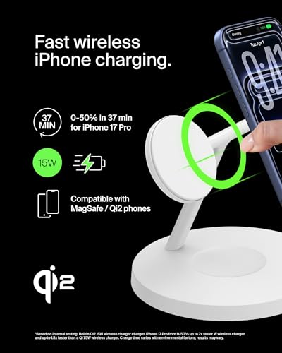 Belkin Qi2 15W Wireless Charging Station, 3 in 1 iPhone Charger | Fast Charging, MagSafe Compatible, iPhone 17/16/15, Apple Watch, AirPods, Travel Charger, Magnetic - color: White, style: Matte Finish