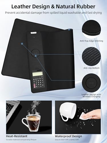 Mouse Pad 31.5x15.75 Inch with Calculator, 15W Magnetic Wireless Charging Desk Mat, XXL Desk Pad, Home Office Large Keyboard Pad with Ultra-Smooth Surface, Non-Slip Base (Black) - color: 31.5x15.75"magnetic Calculator No Rgb-black