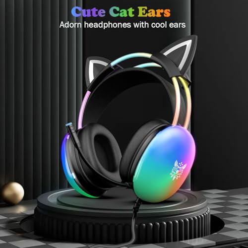 Cat Ear Gaming Headset with Microphone, RGB Rainbow Lighting, Surround Sound, 3.5mm Wired Over-Ear Headphones for PC/PS4/PS5/Switch/Laptop, Lightweight and Adjustable Headband - color: Black Cat Ears