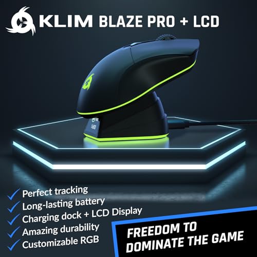 KLIM Blaze Pro Rechargeable Wireless Gaming Mouse with Charging Dock RGB & LCD Display - New Version - High-Precision Sensor and Long-Lasting Battery - Up to 6000 DPI - Great PC Gaming Mouse Wireless