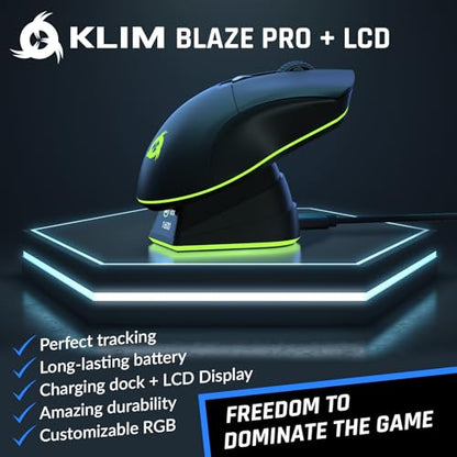 KLIM Blaze Pro Rechargeable Wireless Gaming Mouse with Charging Dock RGB & LCD Display - New Version - High-Precision Sensor and Long-Lasting Battery - Up to 6000 DPI - Great PC Gaming Mouse Wireless