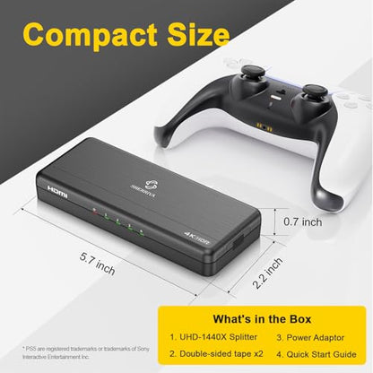 4K HDMI Splitter 1 in 4 Out (Mirror Only) – HDMI 2.0 4K@60Hz, 1080p@240Hz | Auto Downscaling, EDID, 18Gbps, HDCP 2.2, Smart Power Detection, Duplicate 1 Source to 4 Displays for TV, Monitor, Projector