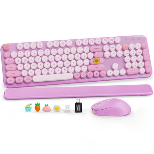 Wireless Keyboard and Mouse Combo, Round Keycaps, Full-Size Retro Typewriter Keyboard with Magnetic Wrist Rest, Tilt Legs, 2.4GHz Cordless Connection for Mac/Windows/PC, SABLUTE CK23, Lavender Purple | Full-Size Typewriter-Style Keyboard, Tilt Legs, 2.4GH