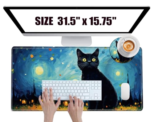Large Mouse Pad Gaming Desk Mat Black Cat Mousepad XXL 31.5''X15.75'' Desk Pad Extended Mouse Mat of Girl Desktop Computer with Coaster - color: Sky Cat, size: 31.5''x15.75''
