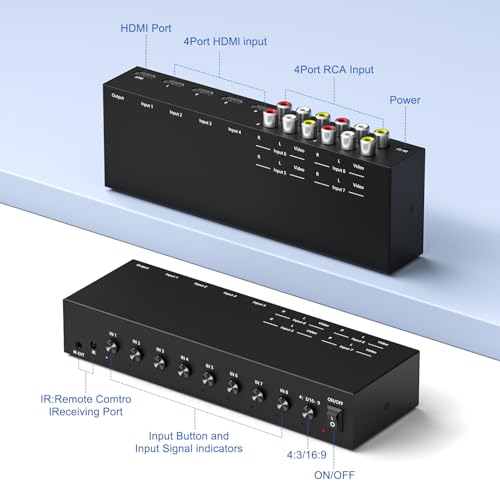 4 AV Inputs + 4 HDMI 2.0 Inputs to HDMI Converter (8 in 1) with Upgrade New Version - style: 4 RCA + 4 HDMI Converter