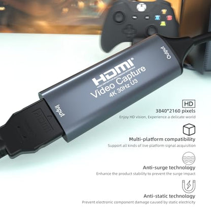 4K 30FPS HDMI Video Capture Card,Video Recording Card HDMI USB 3.0 for Gaming Live Streaming TV Recorder, for Windows Android Mac OS System VLC,OBS,Amcap,PS5,Switch,Xbox