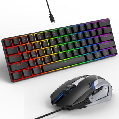 Portable 60% Mechanical Gaming Keyboard, RGB Backlit 61 Keys Ultra-Compact Game Keyboard with Mouse, Mini Wired Computer Keyboard with Red Switch for Windows, MAC, Laptop, PC, Black - color: Black+Mouse