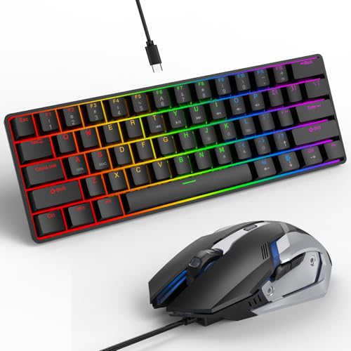 Portable 60% Mechanical Gaming Keyboard, RGB Backlit 61 Keys Ultra-Compact Game Keyboard with Mouse, Mini Wired Computer Keyboard with Red Switch for Windows, MAC, Laptop, PC, Black - color: Black+Mouse