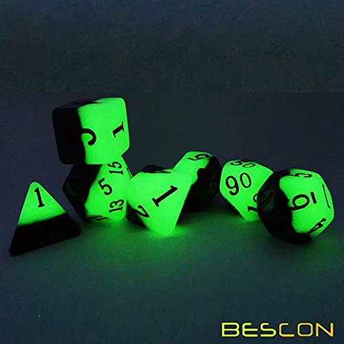 Bescon Two-Tone Glowing Polyhedral Dice 7pcs Set Green Dawn, Luminous RPG Dice Set d4 d6 d8 d10 d12 d20 d%, Brick Box Packaging - color: Green Dawn