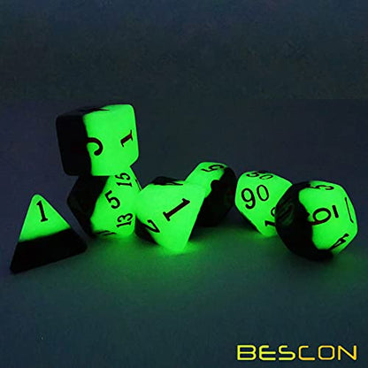 Bescon Two-Tone Glowing Polyhedral Dice 7pcs Set Green Dawn, Luminous RPG Dice Set d4 d6 d8 d10 d12 d20 d%, Brick Box Packaging - color: Green Dawn