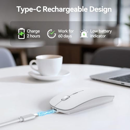 TECKNET Wireless Mouse, 4800 DPI Rechargeable Bluetooth Mouse for Laptop | Bluetooth 5.2/3.0 & 2.4G, Ultra-Thin, 6-Level Adjustable 4800 DPI Computer Mouse for Mac OS, iPad, Windows, Android - color: white