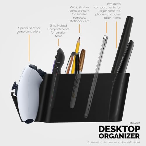BRAINWAVZ Game Controller, Remote Control Holder & Pen Organizer, Ideal for Side Tables & Desktops (For 3 to 5 Remotes, 1 Game Controller, Pens & Stationery) - color: Controller, Remotes & Stationary Black