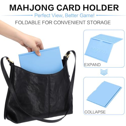 4 Packs Mahjong Card Holder for Table, Foldable Under Mat Slide-in Plastic Tile Racks 3D Space-Saving Angled Stand Table Accessories for American Mahjong Cards Game Night(Flower,Blue) - color: Blue