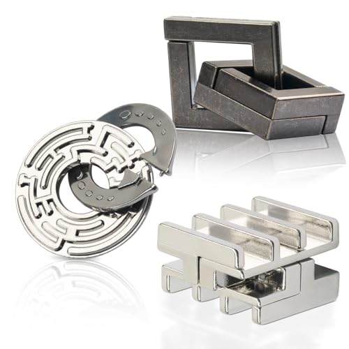 3PCS Fun Metal Brain Teaser Puzzle Games - Adults Mind 3D Toys -Teens IQ Insight Challenge - Educational Gift for Ages 12+ - color: B 3pcs Quartet Set, size: Large Size