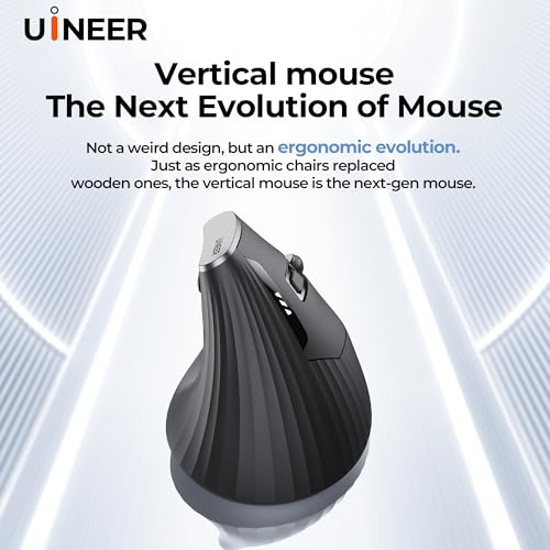 Uineer Vertical Ergonomic Mouse, Wireless Bluetooth Mouse, 3-Device,Quiet | Switch among 3 devices; side scroll wheel supports horizontal navigation for documents and spreadsheets. - color: Black