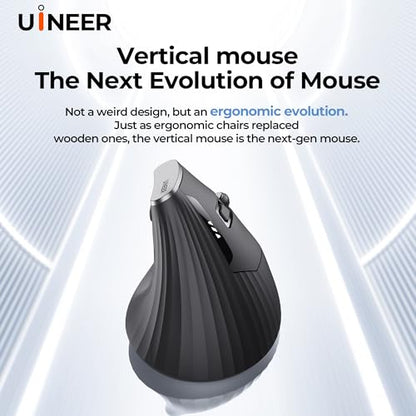 Uineer Vertical Ergonomic Mouse, Wireless Bluetooth Mouse, 3-Device,Quiet | Switch among 3 devices; side scroll wheel supports horizontal navigation for documents and spreadsheets. - color: Black
