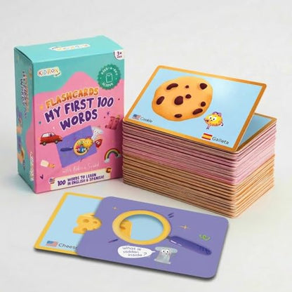 Kidrox 100 First Words Flash Cards for Toddlers, English with Spanish Learning Cards, Preschool Vocabulary & Speech Development Toy with Peek-a-Boo Sleeve for Memory Enhancement & Pattern Recognition - style: First 100 Words