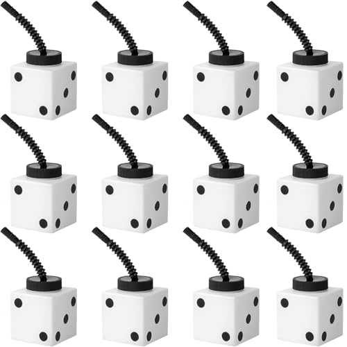2 3/4" 10 oz. Six-Sided Dice Cups with Lids & Straws - 12 Pieces