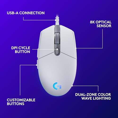 Logitech G203 Wired Gaming Mouse - White | LIGHTSYNC RGB, On-Board Memory, 6 Programmable Buttons, Compabile with PC/Mac - color: White