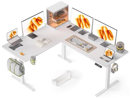 WALKINGDESK 63x55 Inches Reversible L Shaped Standing Desk, Height Adjustable With Cup Holder, Electric Corner Computer Workstation, Sit Stand up Home Office, Standing Desk with Cable Management White - color: White, size: 63" with Cup Holder