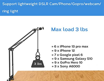 LenTok Overhead Tripod Mount for Camera Webcam Ring Light, Flexible Over Head Arm for iPhone with Phone Holder and Ball Head, Table Stand Accessory for Phone Video Recording Live Stream