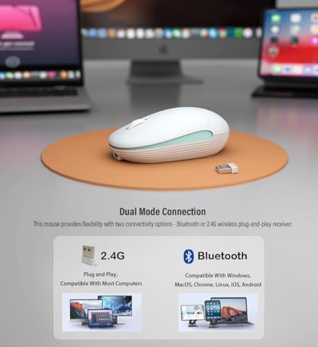 Wireless Mouse (Bluetooth+2.4G) Rechargeable Portable Silent Quiet Computer Mouse with 4000 DPI for Laptop/PC/Mac/MacBook/Chromebook/Surface Pro/iPad/Tablet Ambidextrous (White) - color: White