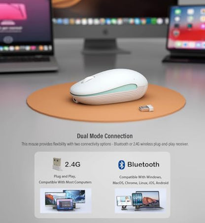 Wireless Mouse (Bluetooth+2.4G) Rechargeable Portable Silent Quiet Computer Mouse with 4000 DPI for Laptop/PC/Mac/MacBook/Chromebook/Surface Pro/iPad/Tablet Ambidextrous (White) - color: White