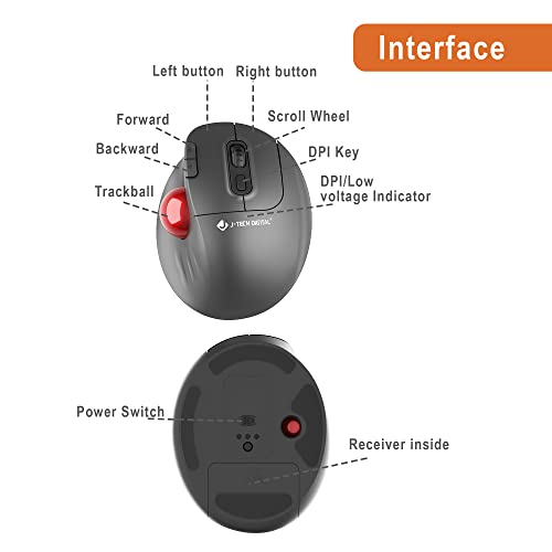 J-Tech Digital Wireless Trackball Ergonomic Mouse w/Free & Easy Thumb Control | DPI Adjustment, Precision Tracking, Multi-System Compatibility with PC, Laptop, Windows, Mac [V728] - size: Wireless Trackball Ergonomic Mouse
