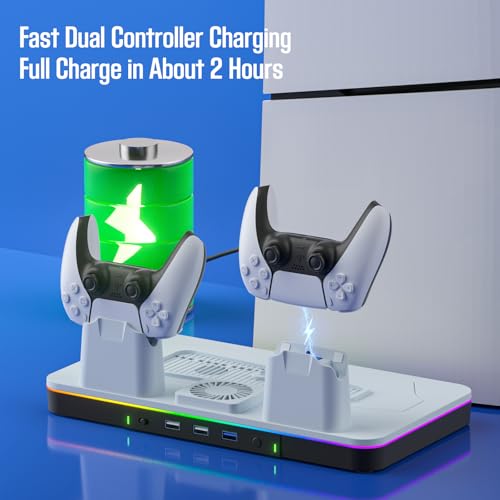 2026 Upgraded PS5/PS5 Pro/Slim Cooling Stand/Station with RGB Light,Dual Controller Fast Charger,with High-Speed Turbo Fan,3USB,for Gaming Room,Living Room,Gift for Christmas & Birthday