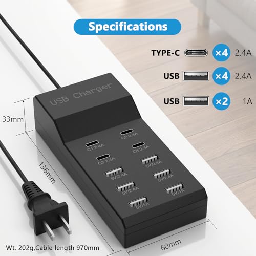 10-Port USB Charging Station, 4 USB-C and 6 USB-A Ports Power Strip, 50W Smart Output, Multi-Device Charging Block