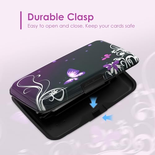 Credit Card Holder Mini, Purple Butterfly RFID Blocking Aluminum Wallet Slim Metal Hard Case Travel Wallet ID Case for Women Men - color: Purple Butterfly
