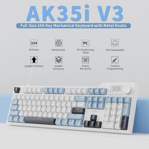 AJAZZ AK35I V3 104-Key Full Size Wired Gasket Mount Gaming Keyboard with Multimedia Buttons & Knob Control | Five Layer Pad | OEM Profile PBT Keycaps | Blue Backlit Custom Keyboard - color: AK35i V3 Blue Wired