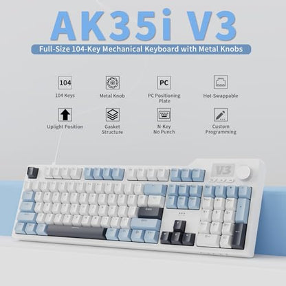 AJAZZ AK35I V3 104-Key Full Size Wired Gasket Mount Gaming Keyboard with Multimedia Buttons & Knob Control | Five Layer Pad | OEM Profile PBT Keycaps | Blue Backlit Custom Keyboard - color: AK35i V3 Blue Wired