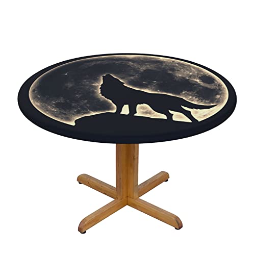 Famame Full Moon Howling Wolf Round Fitted Tablecloth with Elastic Protector Table Cloth Kitchen Dinner Waterproof Oil-Proof Table Covers Fits 40"-44", Small - color: Full Moon Howling Wolf