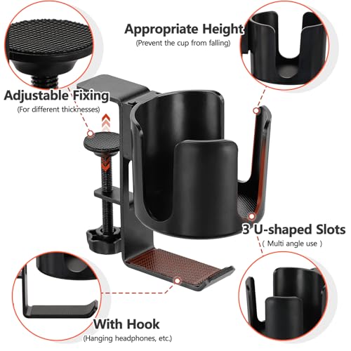 Desk Cup Holder Clamp with Headset Hook, Anti-Spill Water Bottle Stand Clip On Table Edge or Chair Armrests, Office Accessories for Coffee Drink Mug Bottles - size: 3.3 Inch, with Hook