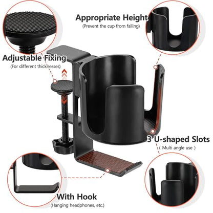 Desk Cup Holder Clamp with Headset Hook, Anti-Spill Water Bottle Stand Clip On Table Edge or Chair Armrests, Office Accessories for Coffee Drink Mug Bottles - size: 3.3 Inch, with Hook