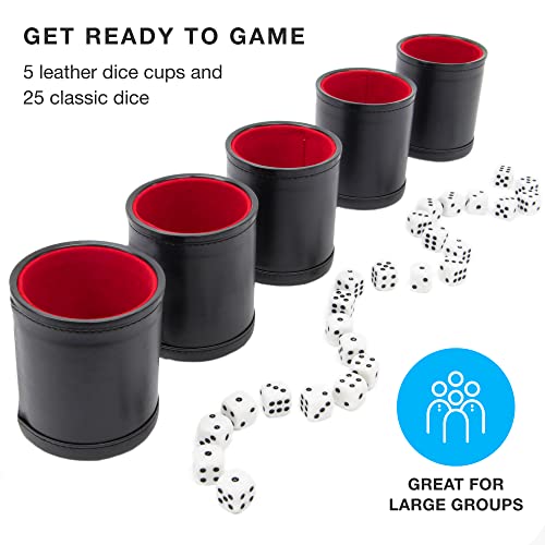 Brybelly Dice Set with Dice Shaker Cup - Perfect for Casino Dice Game for Family Leather - Poker Dice Shaker - 5 Red Lined Dice Cups and 25 Dice Sets - style: 5 Red Cups & 25 White Dice
